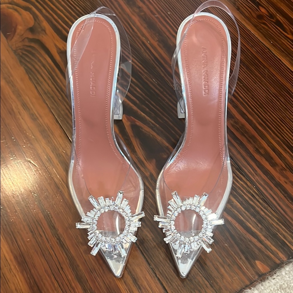 Amina Muaddi Clear Heels with Crystal Embellishments 37.5